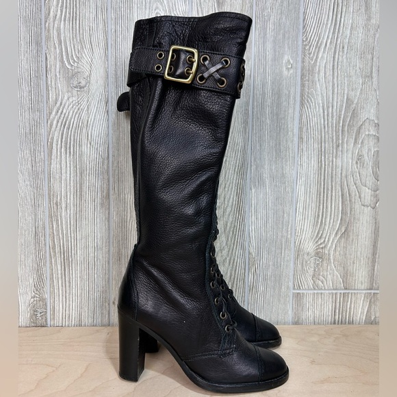 Coach Reece Lace Up Knee Side Zip Black Leather Heeled Boot Size 5.5 - Picture 1 of 13